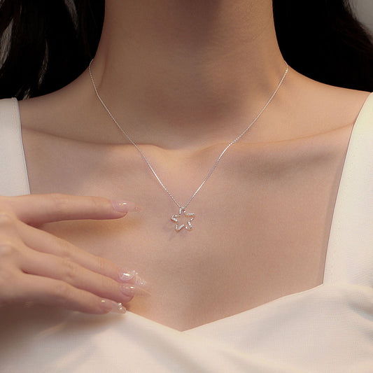 S999 Sterling Silver Five-pointed Star Ring Necklace Korean Style